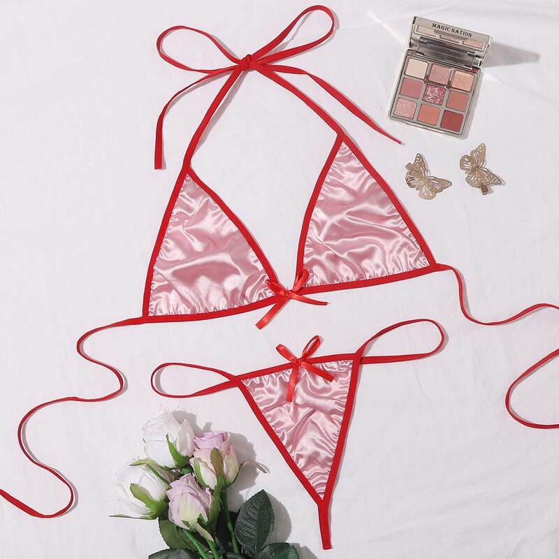 

Triangle Thong Satin Lingerie Set, Pink