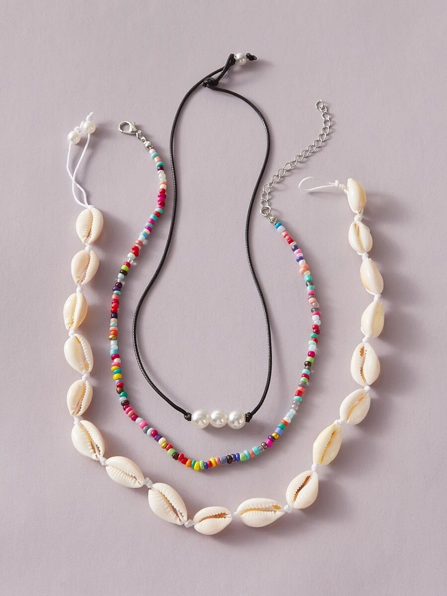 3pcs Shell & Bead Decor Necklace - Multicolor - View 1