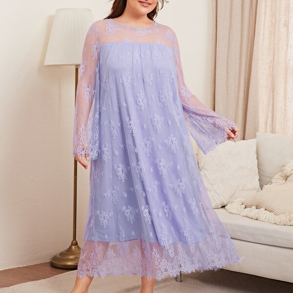 

Plus Bell Sleeve Lace Overlay Nightdress, Lilac purple