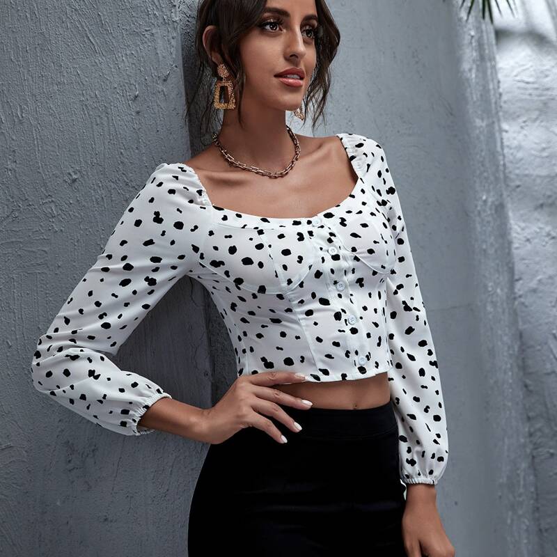 

Button Front All Over Print Blouse, White