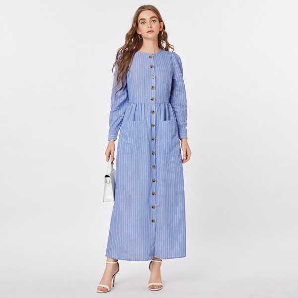 

Button Front Pocket Patched Striped Dress, Blue