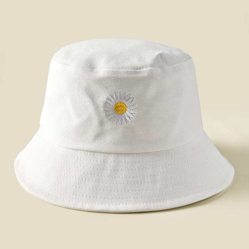 

Flower Embroidered Bucket Hat, White