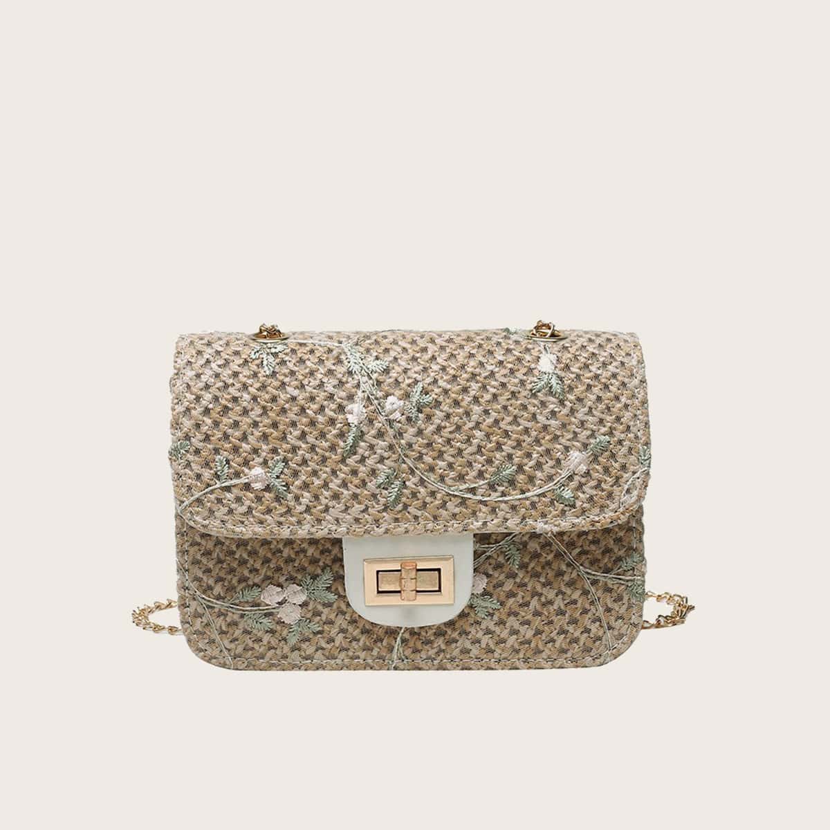 

Floral Embroidery Woven Chain Bag, White