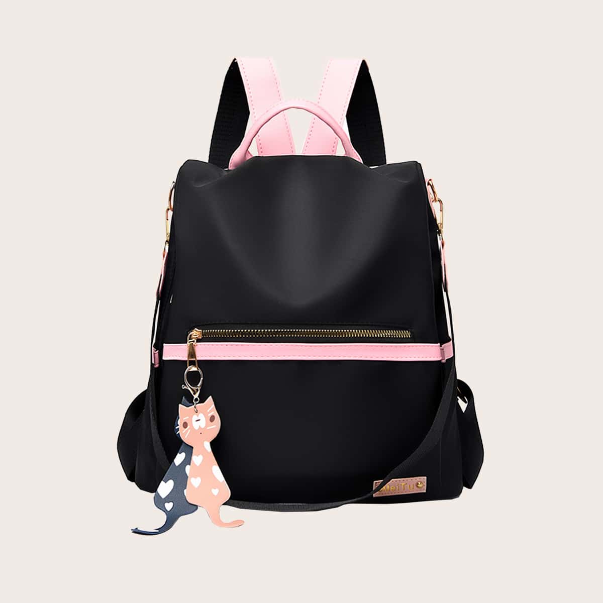 

Zip Front Backpack With Bag Charm, Black