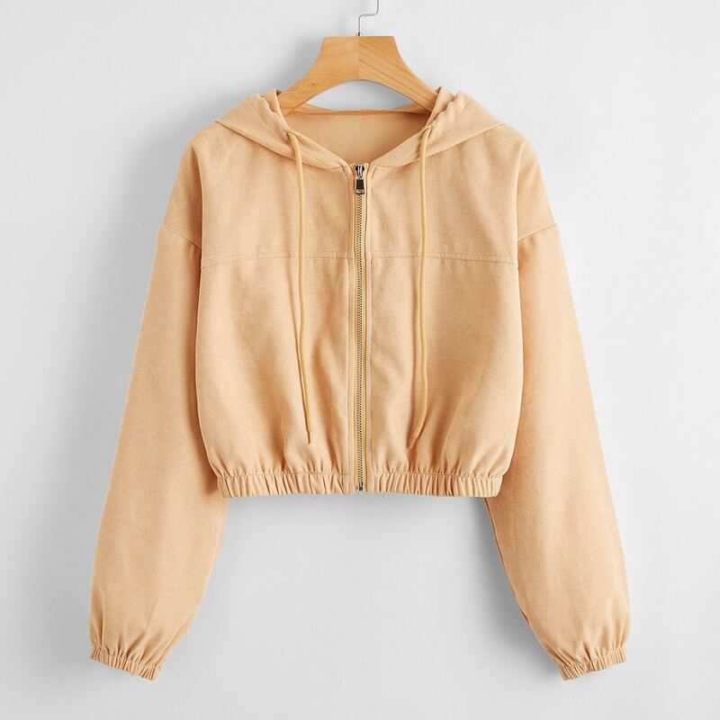 

Solid Corduroy Zip Up Hooded Jacket, Apricot