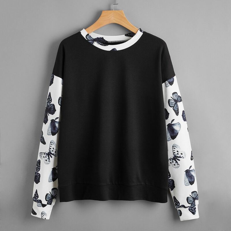 

Drop Shoulder Butterfly Print Pullover, Black