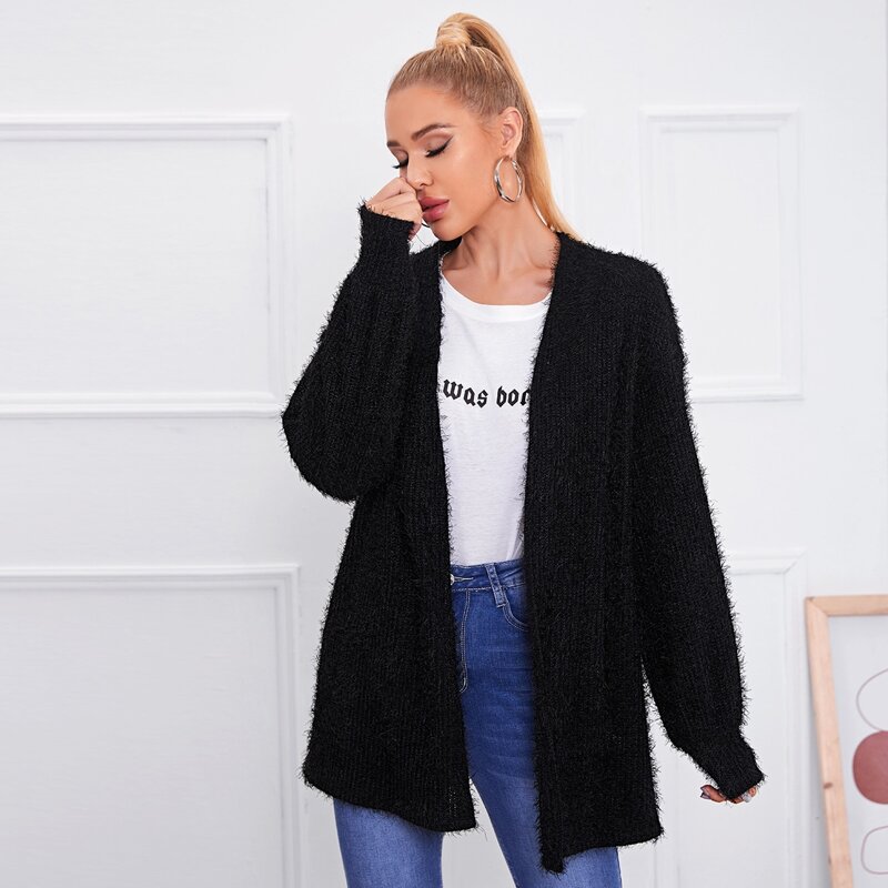 

Drop Shoulder Solid Fuzzy Cardigan, Black