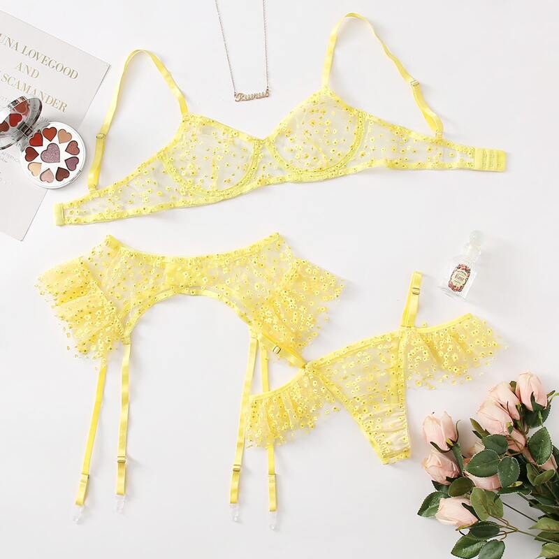 

Ditsy Floral Sheer Mesh Garter Lingerie Set, Yellow pastel