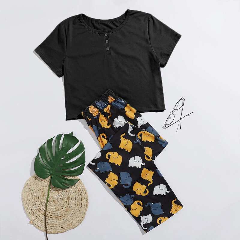 

Button Front Tee & Elephant Pants PJ Set, Multicolor
