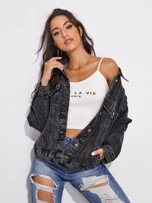 Flap Pocket Drop Shoulder Áo khoác denim - màu đen - Xem 1