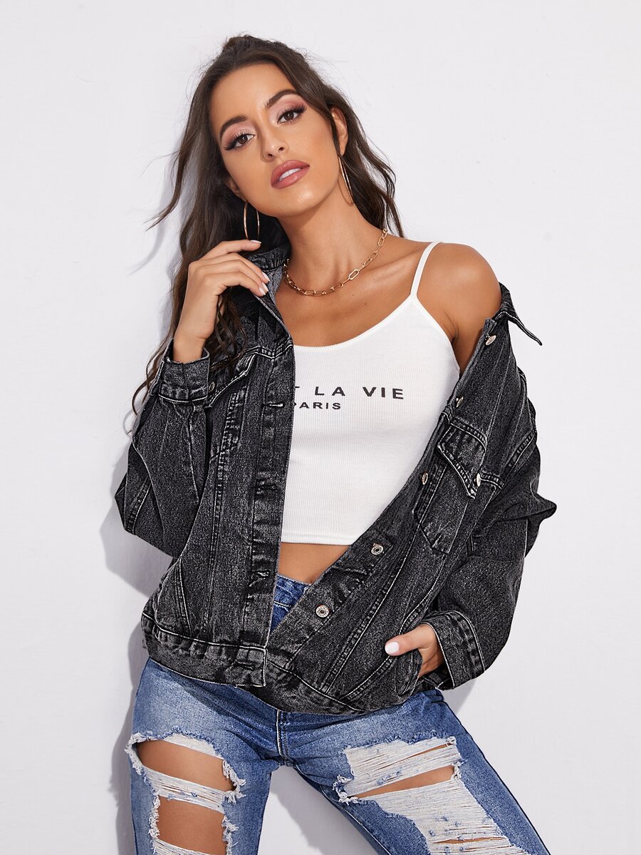 Flap Pocket Drop Shoulder Áo khoác denim - màu đen - Xem 1