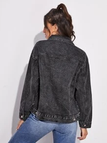 Flap Pocket Drop Shoulder Áo khoác denim - màu đen - Xem 2