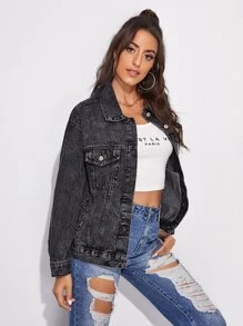Flap Pocket Drop Shoulder Áo khoác denim - màu đen - Xem 3