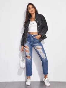 Flap Pocket Drop Shoulder Áo khoác denim - màu đen - Xem 4