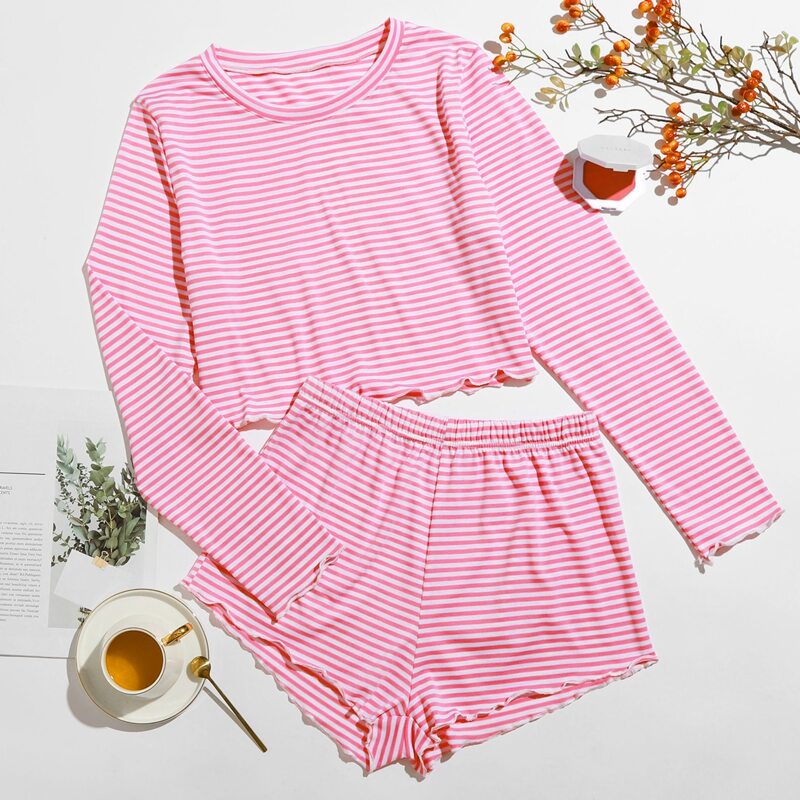 

Stripe Lettuce Trim PJ Set, Pink
