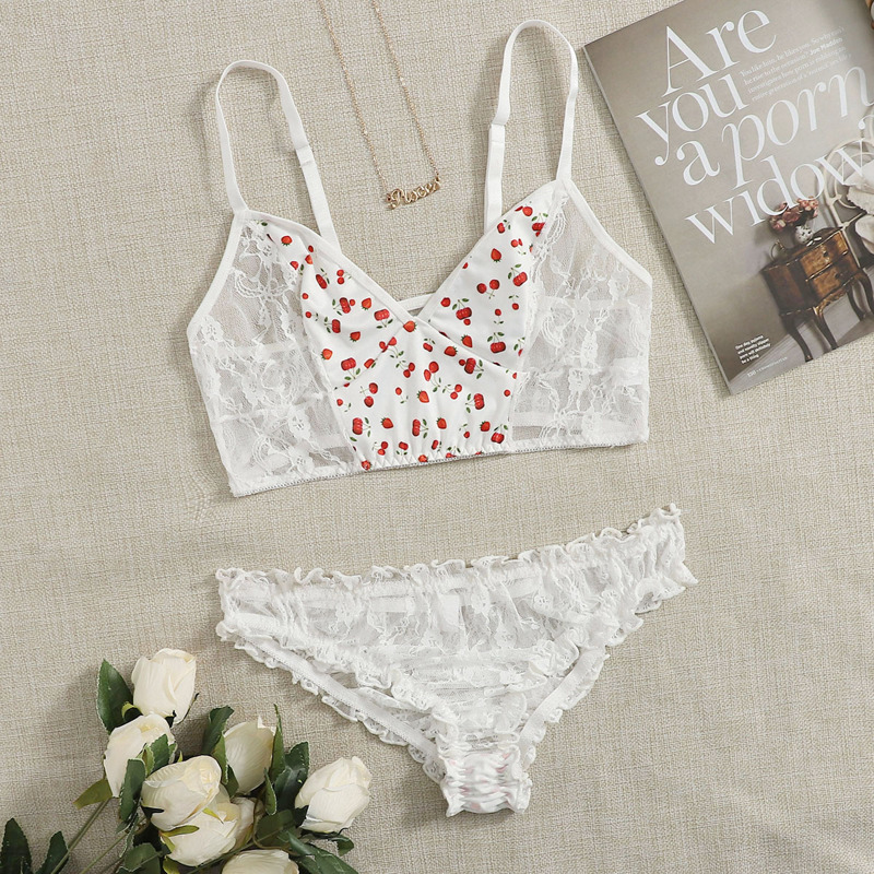 

Cherry Print Floral Lace Lingerie Set, White