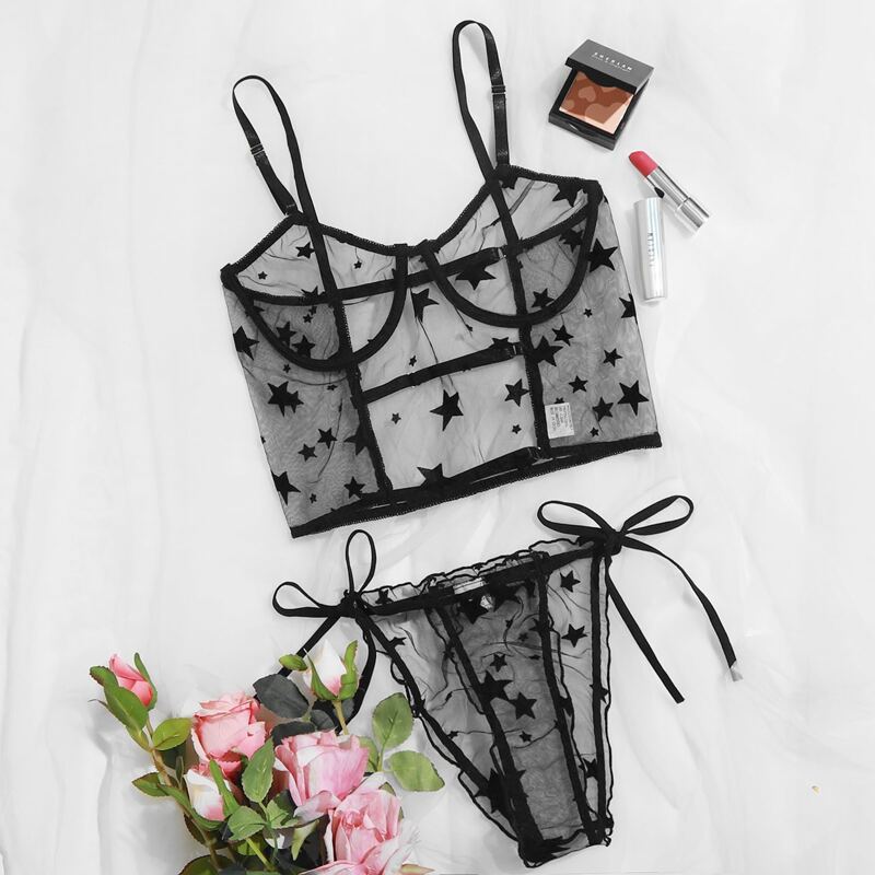 Star Print Sheer Mesh Lingerie Set, Black