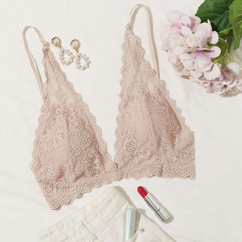 

Floral Lace Plunging Bralette, Pink pastel
