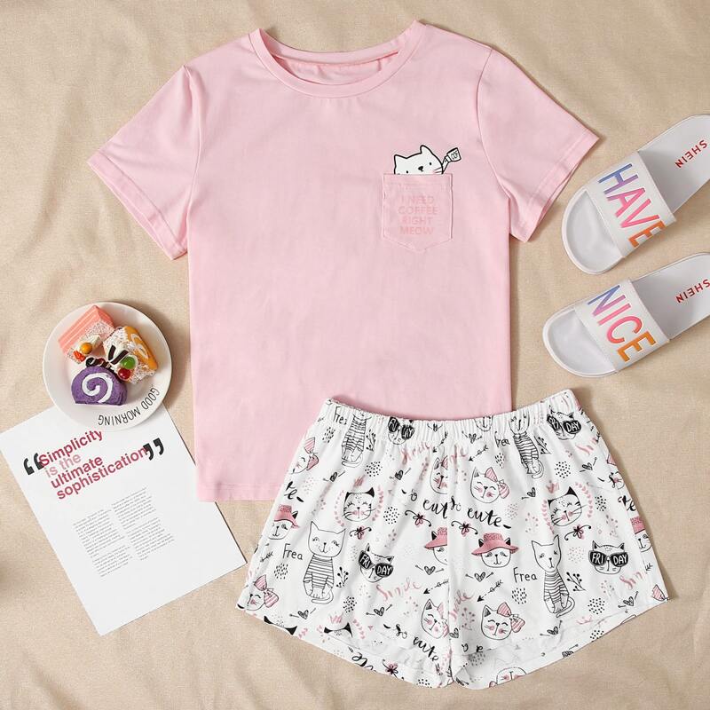 

Cartoon Cat Graphic PJ Set, Multicolor