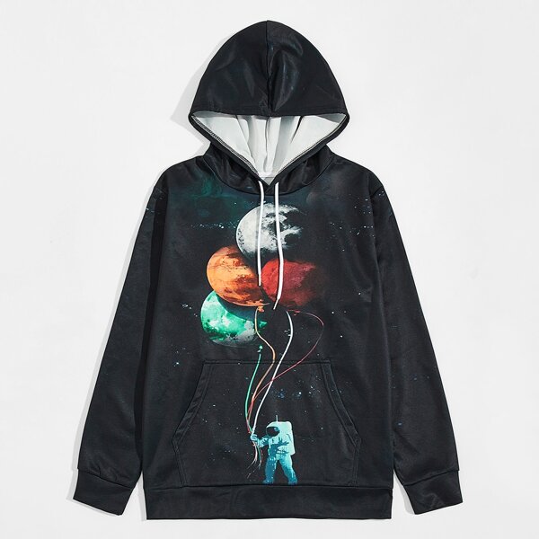 

Men Spaceman And Planet Print Hoodie, Black