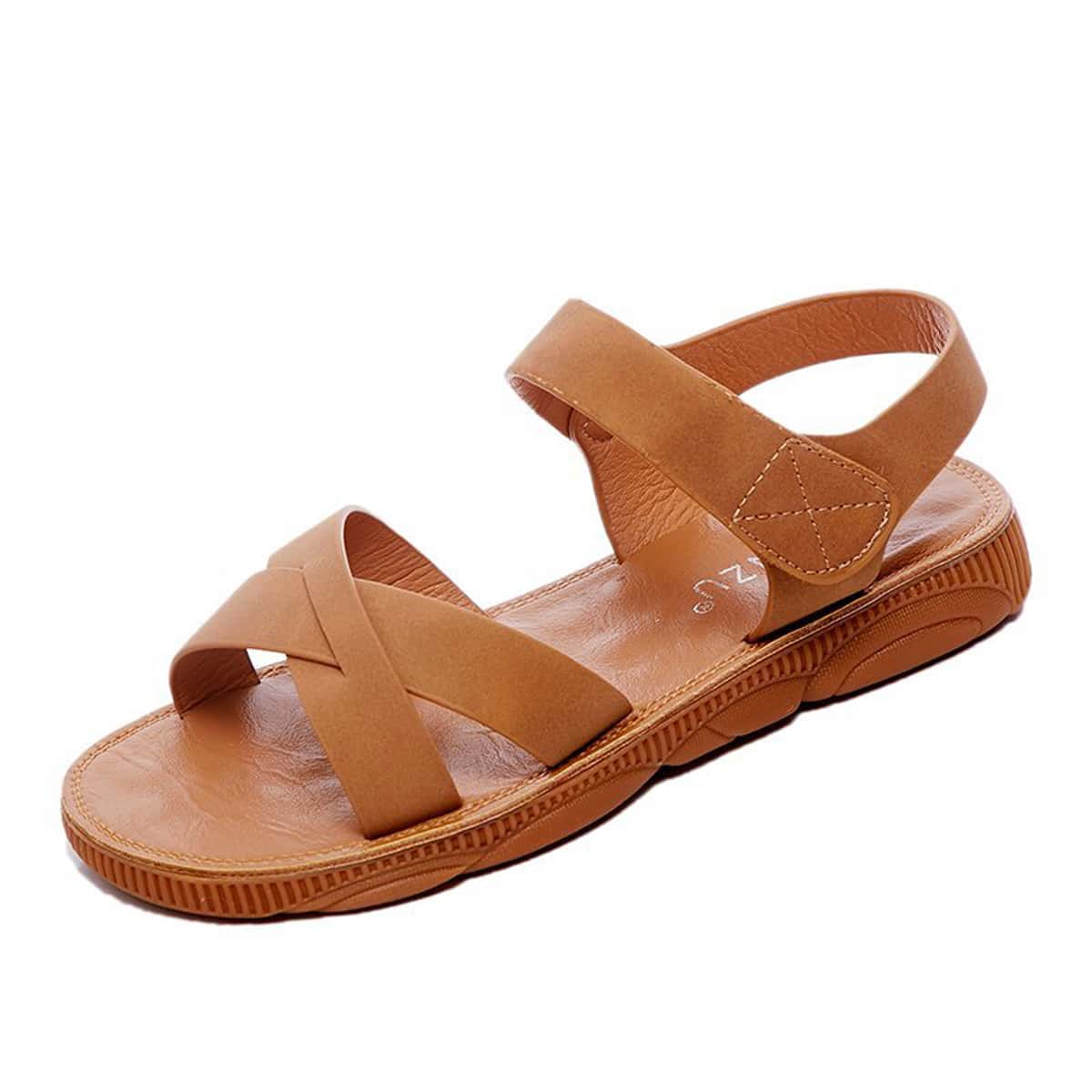 

Solid Ankle Strap Flat Sandals, Brown