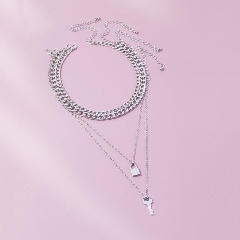 

Lock & Key Layered Chain Necklace, Silver
