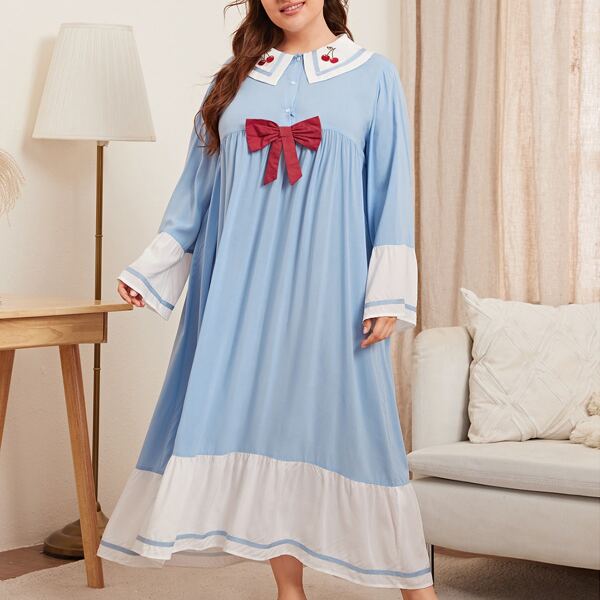 

Plus Contrast Trim Embroidery Cherry Bow Detail Nightdress, Baby blue