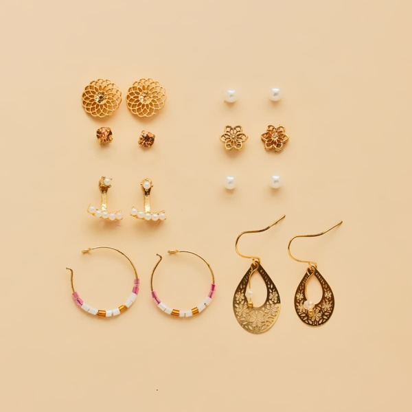 

8pairs Girls Faux Pearl Decor Earrings, Gold
