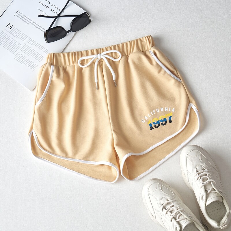 

Letter Graphic Drawstring Shorts, Apricot