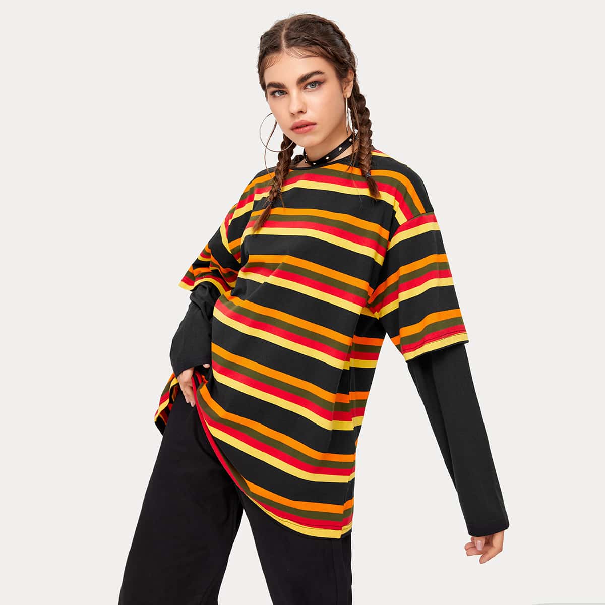 

2 In 1 Striped Oversized Tee, Multicolor