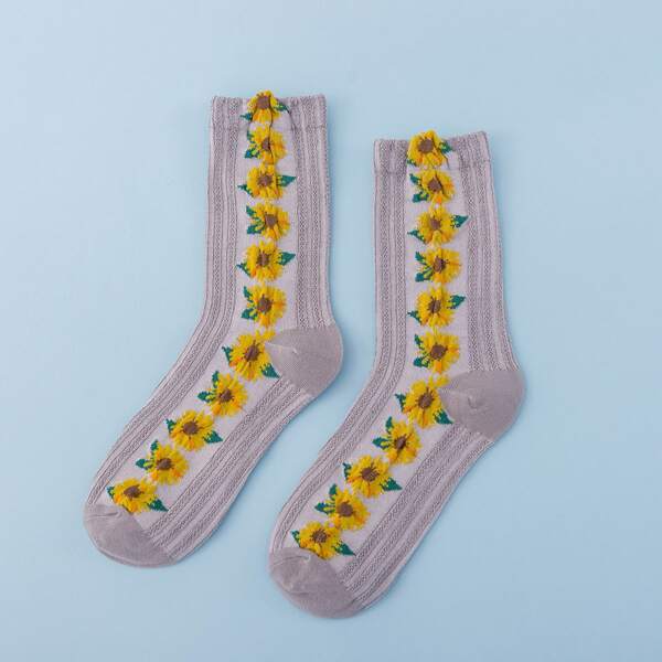 

1pair Sunflower Embroidery Socks, Dusty pink