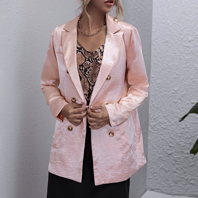 

Double Button Pocket Patched Satin Blazer, Baby pink