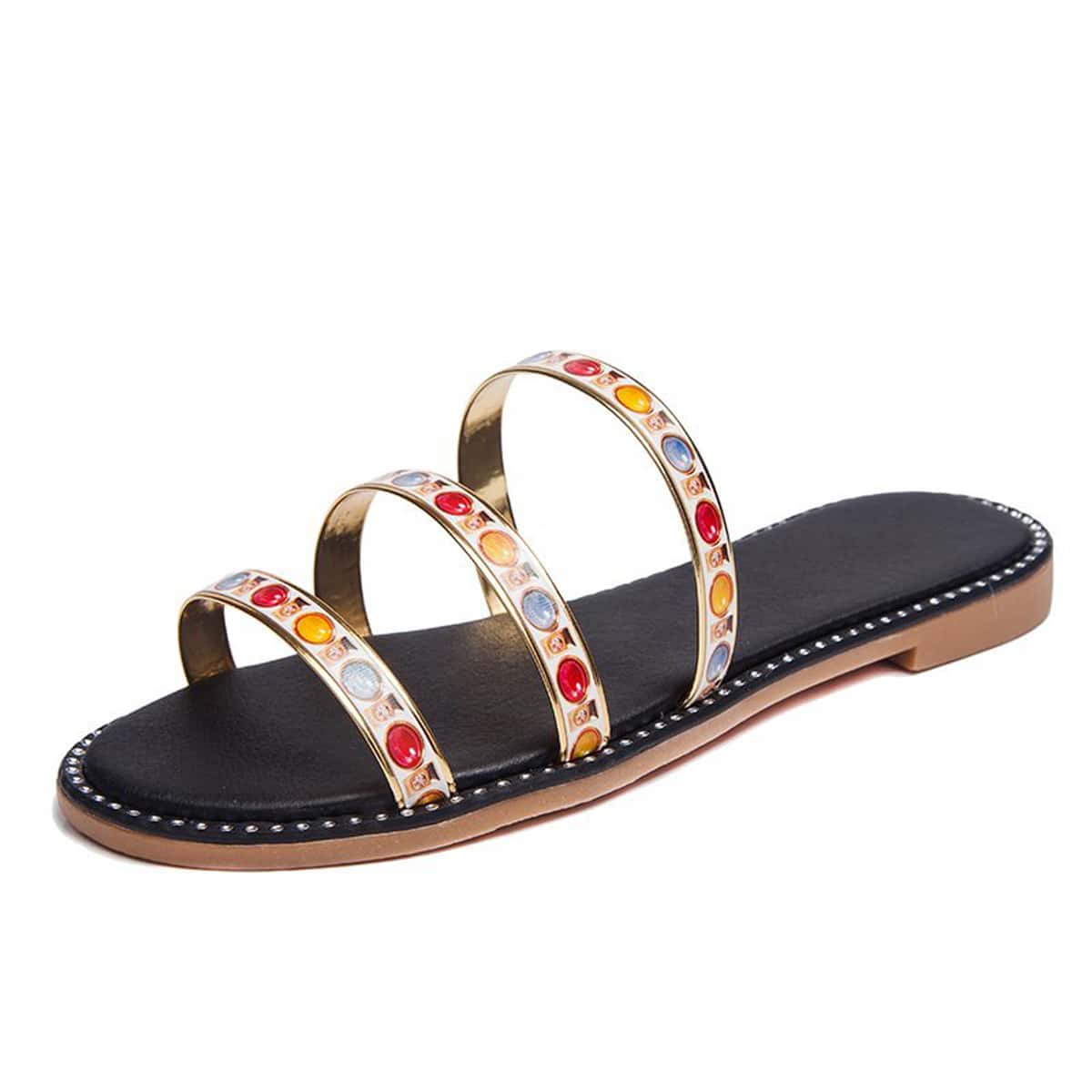 

Gemstone Strap Flat Slippers, Gold