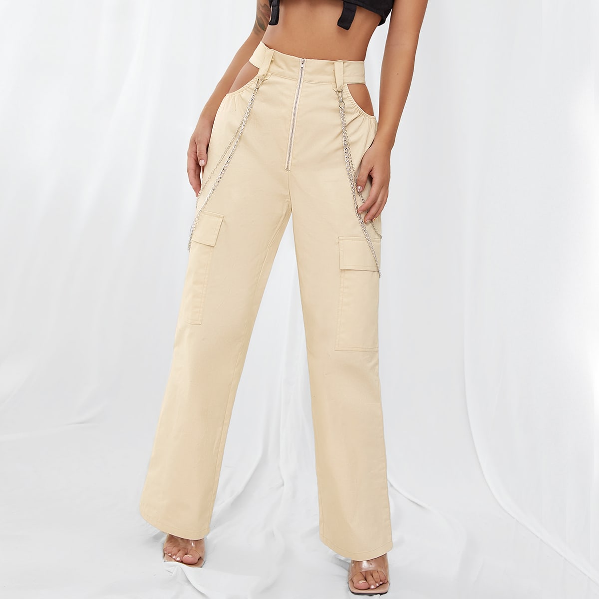 Image of Flap Pocket Chain Detail Cargo Trousers