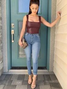 SHEIN SXY 方形領後拉鏈pu背心上衣 - 紫紅色 - 查看 3
