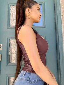 SHEIN SXY 方形領後拉鏈pu背心上衣 - 紫紅色 - 查看 4
