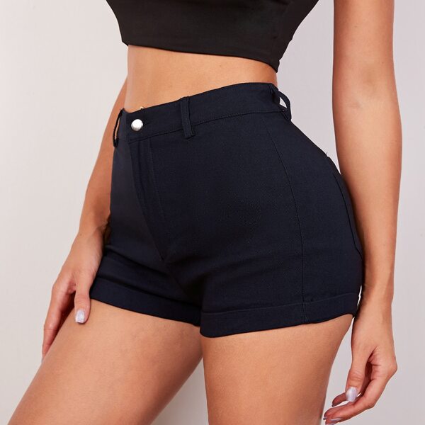 

Zipper Fly Patch Pocket Cuffed Shorts, Navy blue