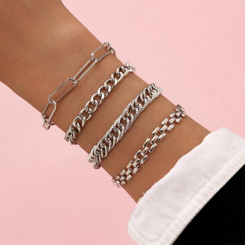 

4pcs Chunky Chain Bracelet, Silver