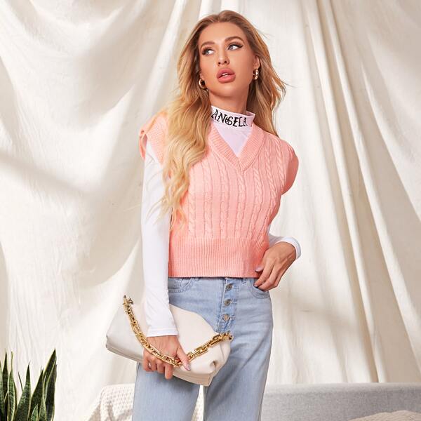 

V-neck Cable Knit Tank Top, Baby pink