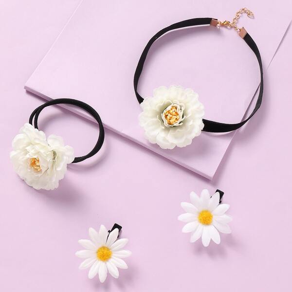 

4pcs Girls Flower Decor Jewelry Set, Multicolor
