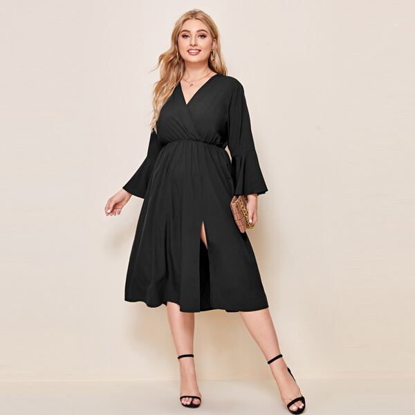 

Plus Surplice Neck Split A-line Dress, Black
