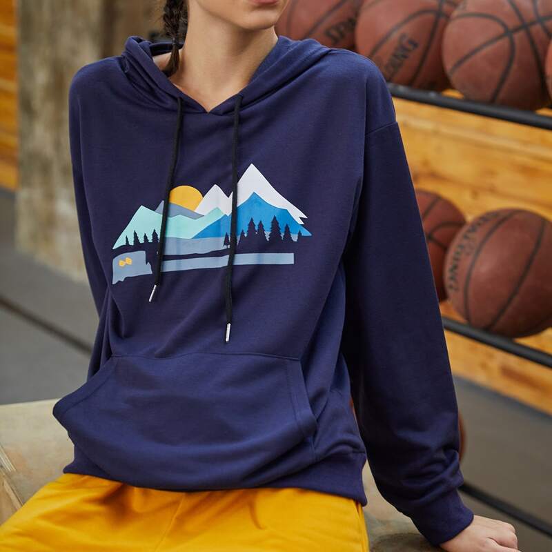Kangaroo Pocket Graphic Print Hoodie, Navy blue