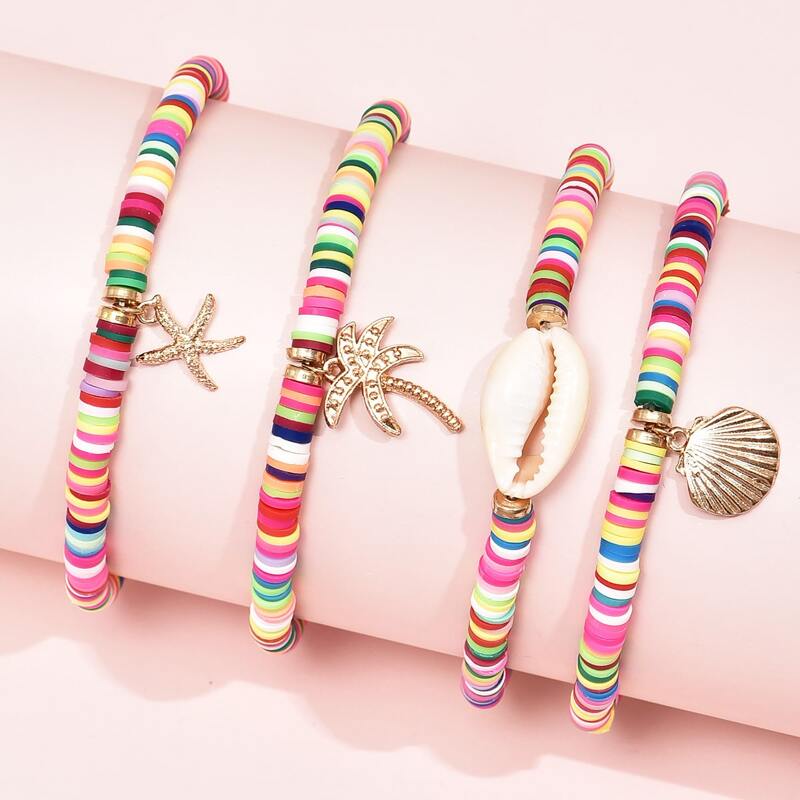 

4pcs Shell & Starfish Charm Bracelet, Multicolor