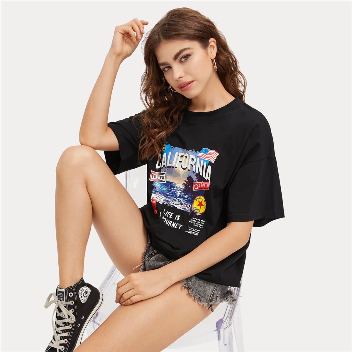 

Letter Graphic American Flag Tee, Black