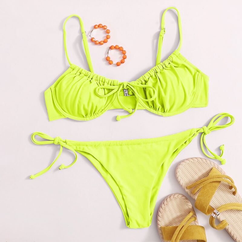 

Neon Lime Underwire Tie Side Bikini Swimsuit, Neon lime green