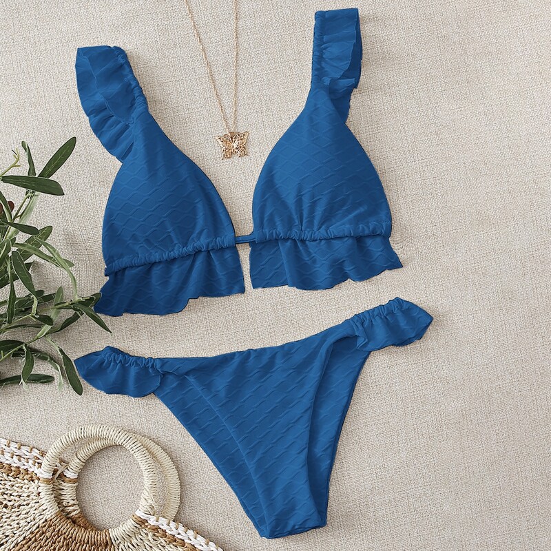 

Textured Ruffle Triangle Bikini Swimsuit, Blue