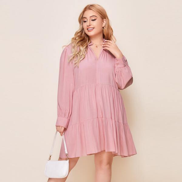 

Plus Notched Neck Ruffle Hem Babydoll Dress, Baby pink
