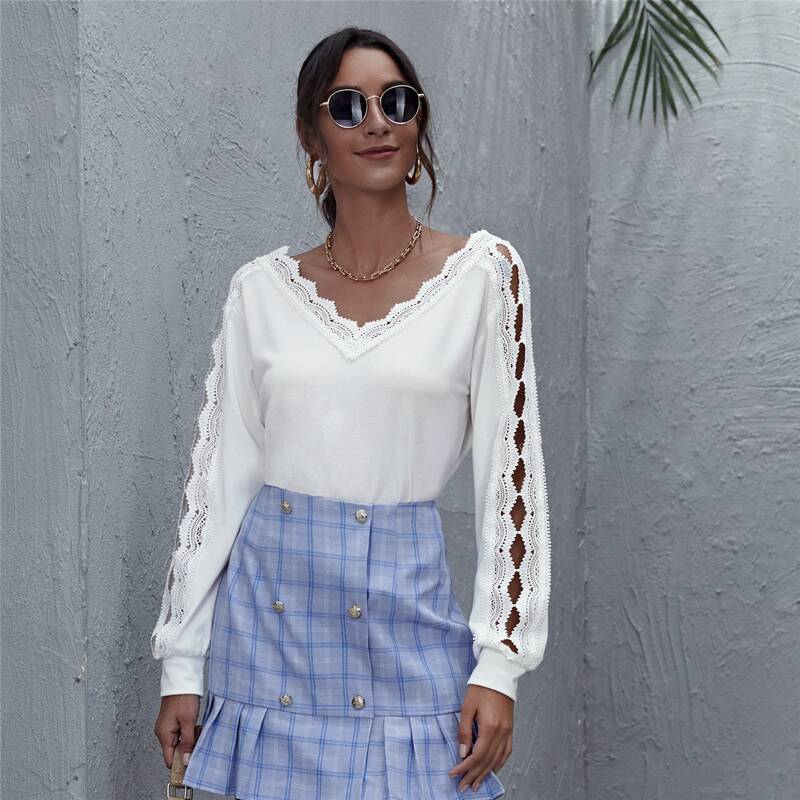 

Double V Neck Guipure Lace Trim Sweater, White