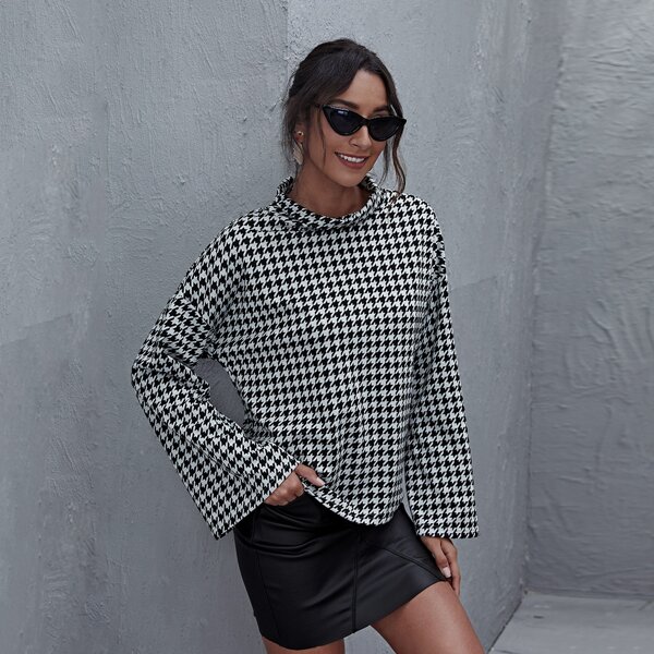 

Funnel Neck Bell Sleeve Houndstooth Top, Black and white