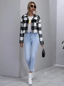 SHEIN Frenchy Flap Detail Drop Shoulder Buffalo Plaid Jacket Winter - Black and White - View 4